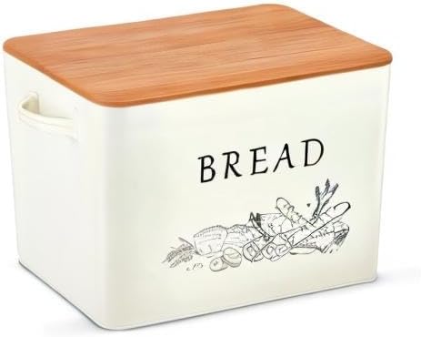 P&P CHEF Bread Box for Kitchen Counter, Metal Bread Storage Bin with Wooden Cutting Lid, Large Capacity for Holding 2+ Loaves, Retro Modern Style, Size 13” x 7.2” x 9.7”, Cream