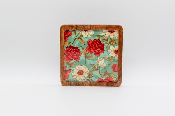 Handcrafted Square Wooden Decorative Tray – Floral Design Wooden Serving Plate, Snack Platter, Candle Bowl & Coffee Table Décor 6 inch x 6 inch x 0.75 inch (Square Floral)
