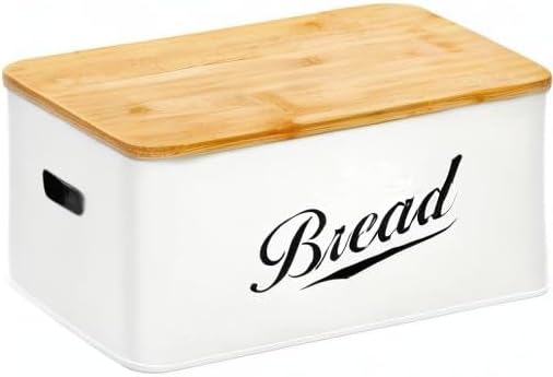 RoyalHouse Modern Metal Bread Box with Bamboo Cutting Board Lid, (Pack of 2) Total 2 Bread Box, Bread Storage Container for Kitchen Counter, Vintage Kitchen Decor Organizer
