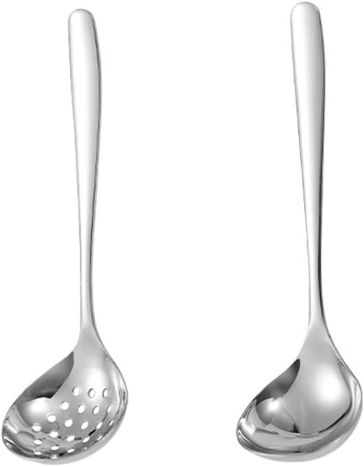 Soup Ladle Skimmer Slotted Spoon Set Stainless Steel Strainer Gravy Colander Hot Pot - Silver