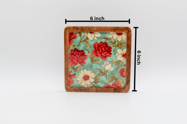 Handcrafted Square Wooden Decorative Tray – Floral Design Wooden Serving Plate, Snack Platter, Candle Bowl & Coffee Table Décor 6 inch x 6 inch x 0.75 inch (Square Floral)