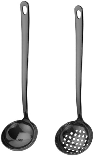 Large Soup Ladle Skimmer Slotted Spoon Set Stainless Steel Strainer Gravy Colander Hot Pot Scoop - Black