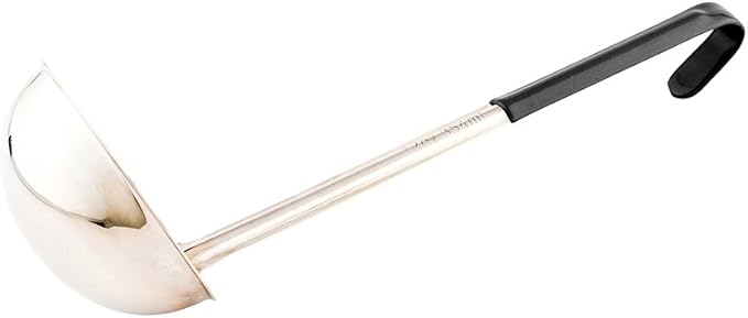 Restaurantware Met Lux 12 Ounce Soup Ladle 1 Hook Handle Serving Spoon - With Black Handle Dishwashable Stainless Steel Cooking Ladle For Pouring And Cooking Perfect for Soup Chilli Or Batter