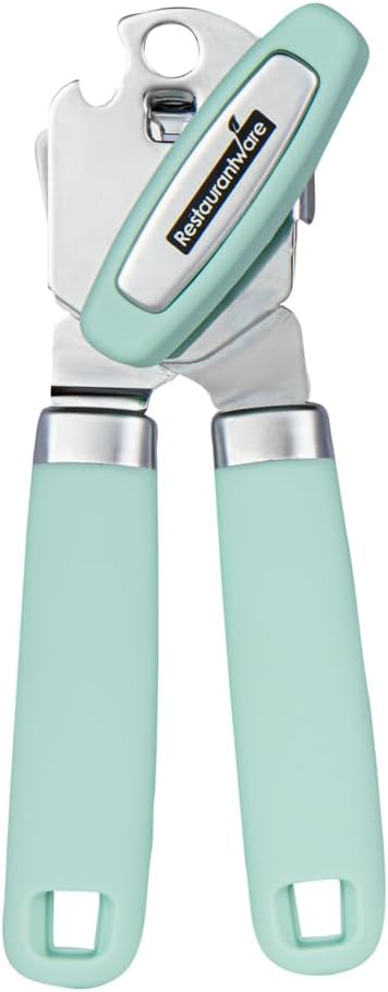 Restaurantware Comfy Grip 7.6 x 1.9 x 2.1 Inch Can Opener 1 Durable Manual Can Opener - Sharp Wheel Blade Grip Handle Mint Green Stainless Steel Hand-Held Can Opener Built-In Bottle Opener