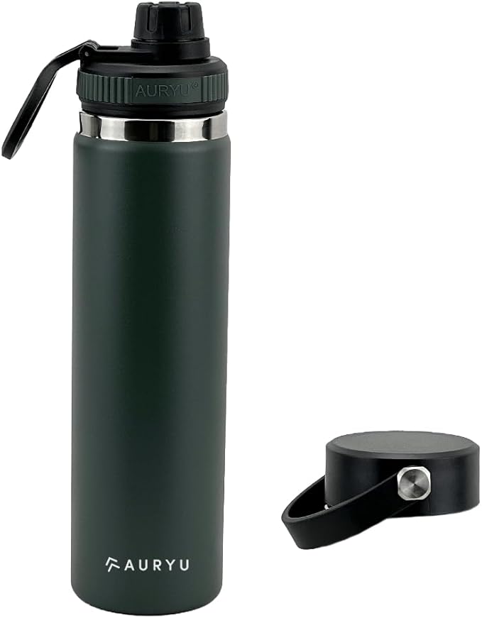 Olive Green 24oz Triple-Wall Stainless Steel Water Bottle – Wide Mouth, Leak Proof Thermos with Bonus Spout Lid – BPA-Free Flask for Gym, Hiking, Travel, Hot & Cold Drinks