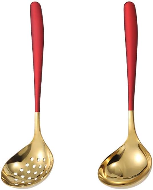 Red Gold Soup Ladle Colander Slotted Spoon Set Skimmer Strainer Gravy Hot Pot Server Stainless Steel