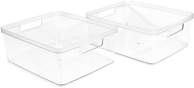 Isaac Jacobs 2-Pack Large Clear Storage Bins (11.5” L x 14” W x 5.5” H) w/Cutout Handles, Plastic Organizer for Home, Office, Kitchen, Fridge/Freezer, Bathroom, BPA Free, Food Safe (Large)