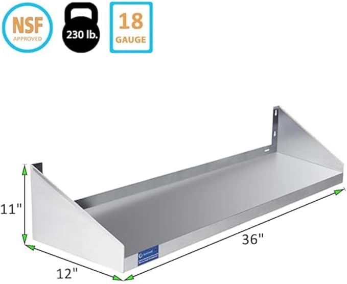 Premium Quality Stainless Steel Wall Shelf with Side Guards | Commercial Metal Shelving | | NSF Certified | (36" Long x 12" Deep)