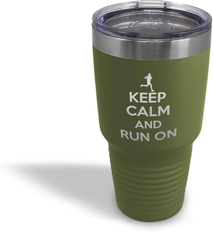 Stainless-Steel Engraved Travel Mug Tumbler 30 Oz Keep Calm and Run on Thermal Coffee Cup Forest Green
