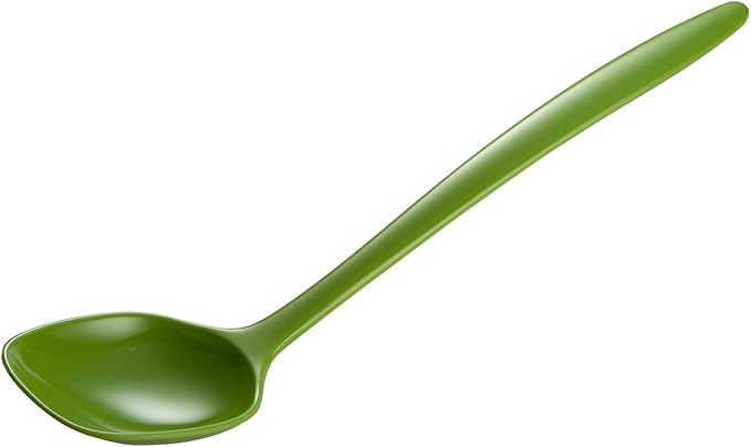 Hutzler 6-piece Melamine Cooking Utensils Set, Includes a 12-inch Long Slotted Spoon, Solid Spoon, Mixing Spoon, Slotted Turner, Soup Ladle, and Storage Crock, Green