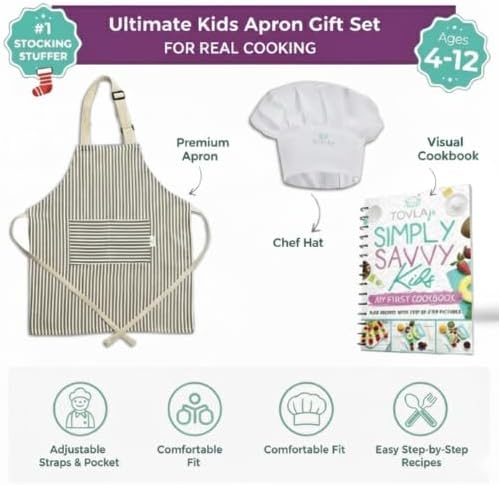TOVLA JR. Apron Gift Set for Kids with Pocket for Boys and Girls, Comfortable Cotton Canvas for Baking and cooking