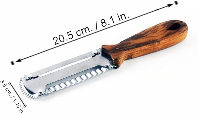 3-in-1 Kitchen Peeler, Scrabber & Grater: a cutting tool with a serrated blade and a Wooden Handle for Vegetable scraping potatoes Carrots and Coconut