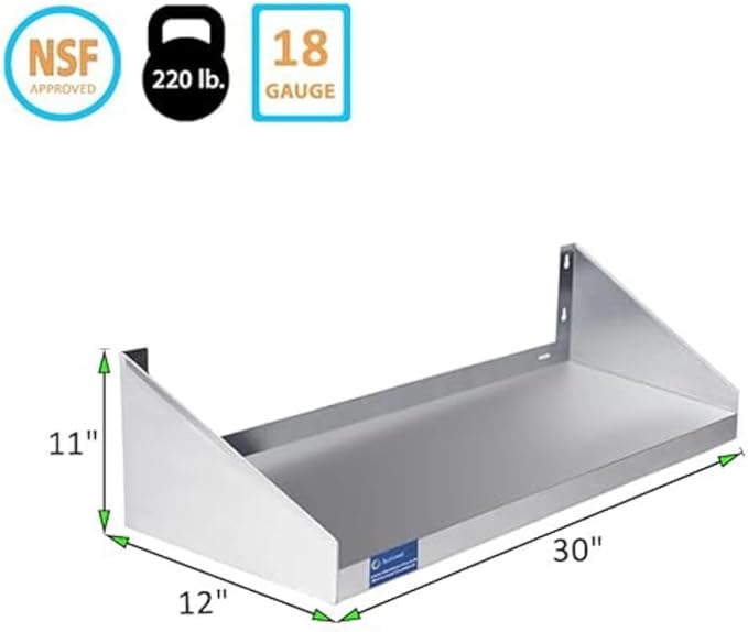 Premium Stainless Steel Wall Shelf with Side Guards | Commercial Metal Wall-Mounted Storage | NSF Certified Utility Shelf for Kitchen, Garage, or Laundry (30" Long x 12" Deep)