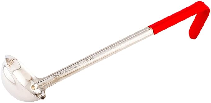 Restaurantware Met Lux 2 Ounce Soup Ladle 1 Hook Handle Serving Spoon - With Red Handle Dishwashable Stainless Steel Cooking Ladle For Pouring And Cooking Perfect for Soup Chilli Or Batter