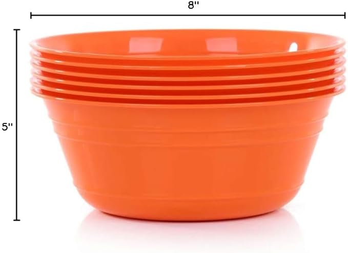 Mintra Home Plastic Bowls (1.8L Medium 6pk, Orange) - 7.8inW x 3.25inH - great for popcorn, snacks, chips, nachos, candy, Halloween, trick or treat bowls - 6 Party Bowls in a set