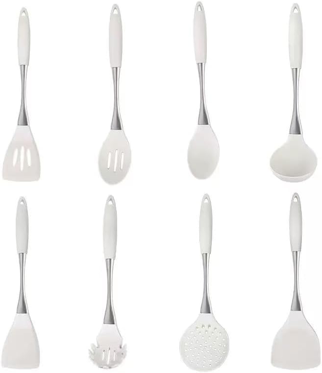 8-Piece White Kitchen Utensil Set with Gold Handles, Stainless Steel Cooking Tools, Includes Spatulas, Ladle, Spoons for Nonstick Cookware (silvery and Beige)