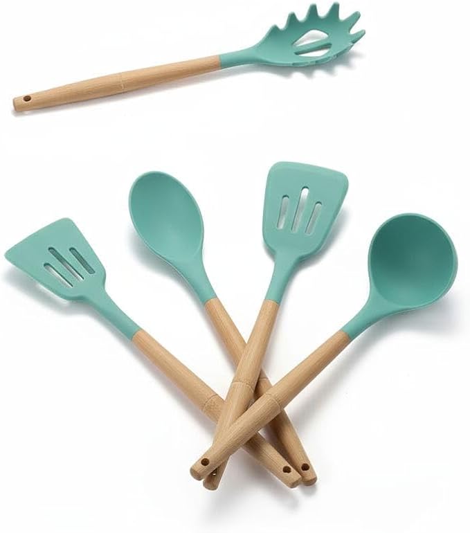 Silicone Cooking Spoons, 5-Piece Nonstick Utensil Set with Acacia Wood Handles - Heat-Resistant for Frying, Serving & Turning Spatula