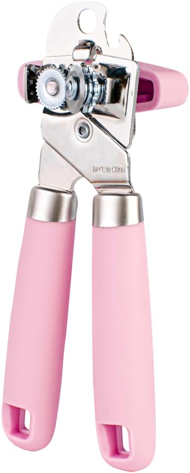 Restaurantware Comfy Grip 7.6 x 1.9 x 2.1 Inch Can Opener 1 Durable Manual Can Opener - Sharp Wheel Blade Grip Handle Pink Stainless Steel Hand-Held Can Opener Built-In Bottle Opener