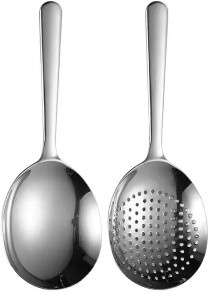 Skimmer & Ladle Set, Korean Style Serving Ladles, 1x Serving Ladle Spoon, 1 x Skimmer with hole, Stainler, 18/10 Stainless Steel, 7Inch Length, Silver, Korean Mukbang, Ramen