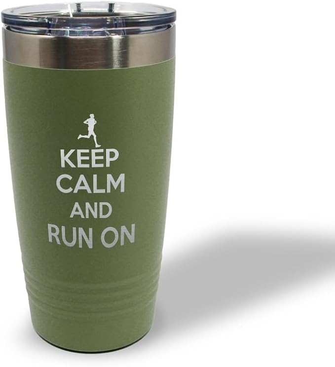 Stainless-Steel Engraved Travel Mug Tumbler 20 Oz Keep Calm and Run on Thermal Coffee Cup Forest Green