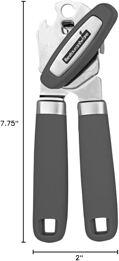 Restaurantware Comfy Grip 7.6 x 1.9 x 2.1 Inch Can Opener 1 Durable Manual Can Opener - Sharp Wheel Blade Grip Handle Gray Stainless Steel Hand-Held Can Opener Built-In Bottle Opener