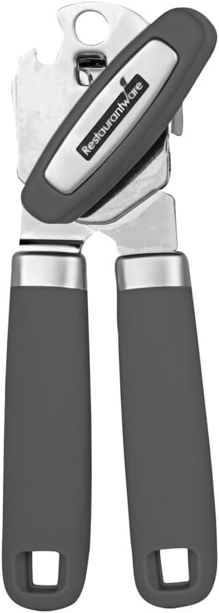 Restaurantware Comfy Grip 7.6 x 1.9 x 2.1 Inch Can Opener 1 Durable Manual Can Opener - Sharp Wheel Blade Grip Handle Gray Stainless Steel Hand-Held Can Opener Built-In Bottle Opener