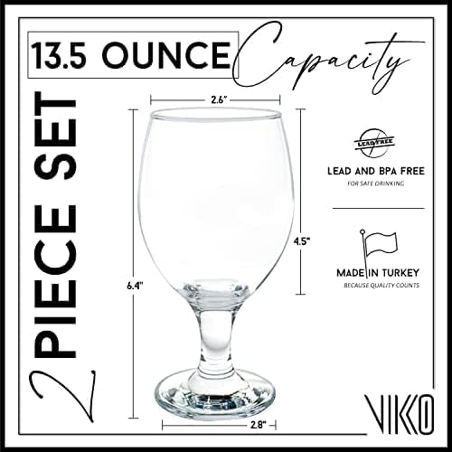 Vikko Beer Glass, Set of 2 Belgian Style Beer Glasses, Large Size 13.5 Ounce, Dishwasher Safe Durable Drinking Glass for Craft Brews, Beer or Water