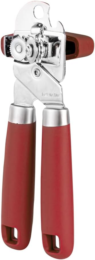 Restaurantware Comfy Grip 7.6 x 1.9 x 2.1 Inch Can Opener 1 Durable Manual Can Opener - Sharp Wheel Blade Grip Handle Red Stainless Steel Hand-Held Can Opener Built-In Bottle Opener