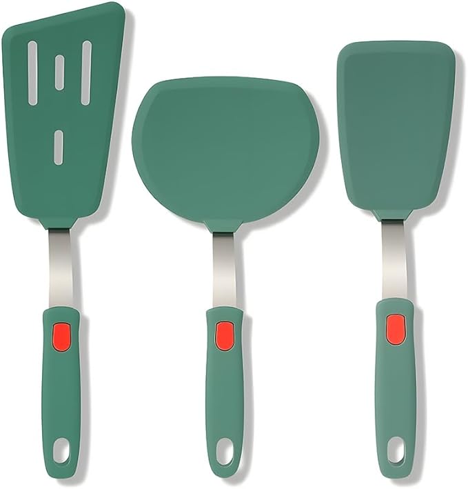 Brigii 3-Piece Silicone Spatula Turner,Heat Resistant,430 Stainless Steel Core, BPA-Free Kitchen Utensils Set for Cooking,Baking,Flipping,Dishwasher Safe(Dark Green)
