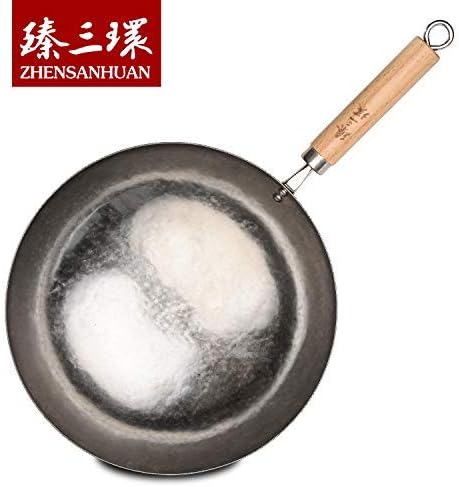 臻三环 ZhenSanHuan Chinese Hand Hammered Iron Pow Woks and Stir Fry Pans Wooden Handle Round Bottom (30CM, Silver-Not Seasoned)