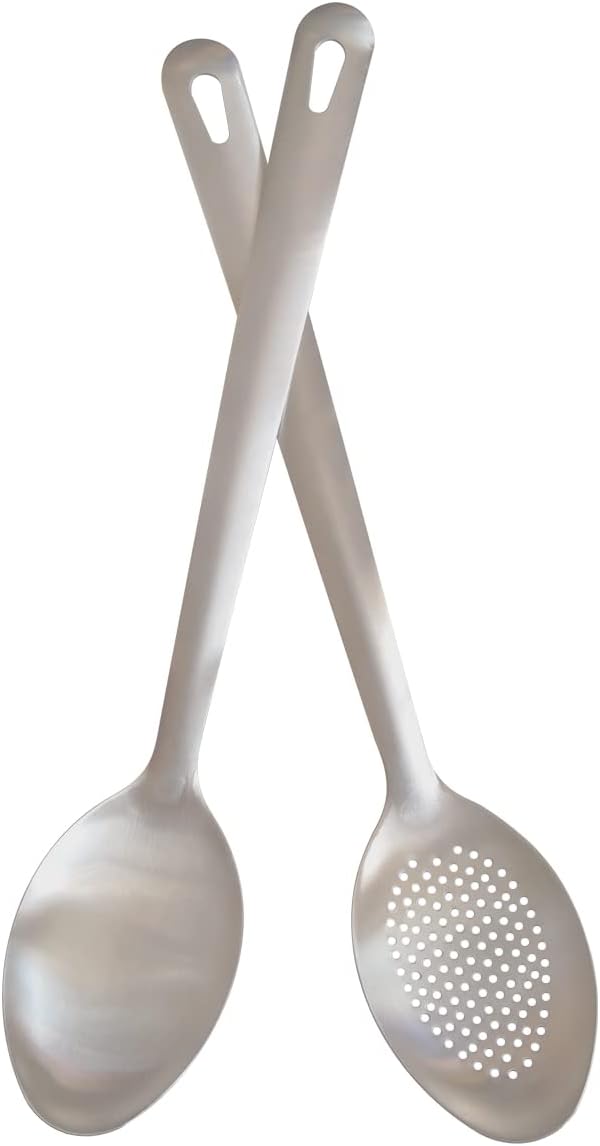 Cooking Spoon Set, 2Pcs 14.7" Stainless Steel Large Serving Spoons, Solid & Slotted Spoons for Restaurant, Metal Kitchen Utensils
