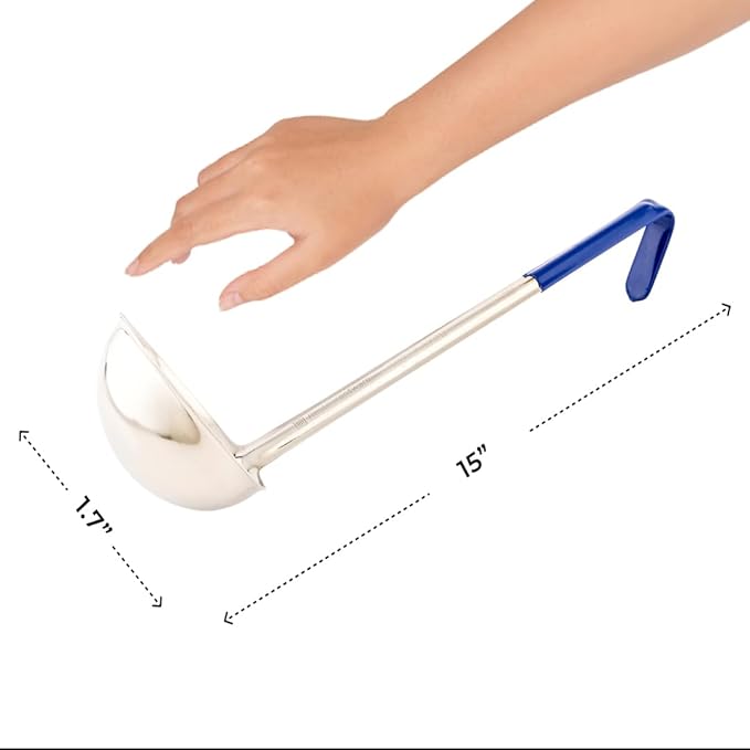 Restaurantware Met Lux 8 Ounce Soup Ladle 1 Hook Handle Serving Spoon - With Blue Handle Dishwashable Stainless Steel Cooking Ladle For Pouring And Cooking Perfect for Soup Chilli Or Batter