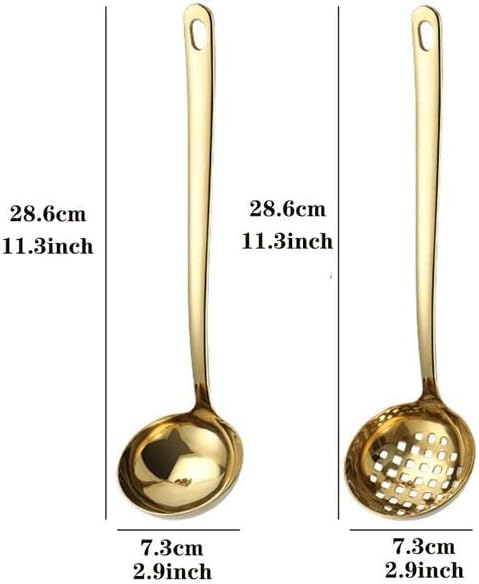 Soup Ladle Skimmer Spoon Set Large 2.9 Inches Bowl Long Handle Stainless Steel Strainer Colander Hot Pot Server - Gold