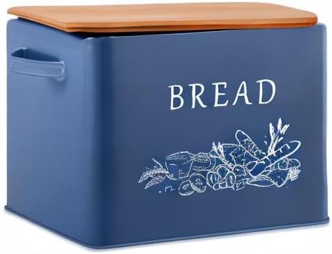 E-far Bread Box for Kitchen Countertop, Metal Bread Storage Container Bin with Bamboo Lid for Cutting Bread, Extra Large & Farmhouse Style, 13” x 7.2” x9.8”, Navy Blue
