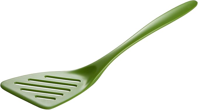 Hutzler 6-piece Melamine Cooking Utensils Set, Includes a 12-inch Long Slotted Spoon, Solid Spoon, Mixing Spoon, Slotted Turner, Soup Ladle, and Storage Crock, Green