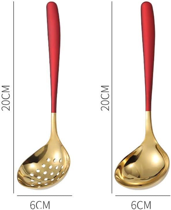 Red Gold Soup Ladle Colander Slotted Spoon Set Skimmer Strainer Gravy Hot Pot Server Stainless Steel