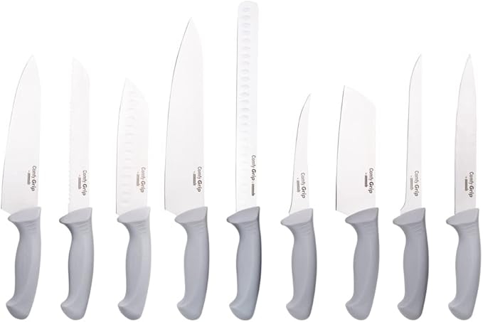 Restaurantware Comfy Grip 9-Piece Knife Set 1 Sharp Knife Set - Ergonomic Handle Non-Slip Grip Gray Stainless Steel Kitchen Knife Set Dishwashable Chop Slice Or Dice Ingredients