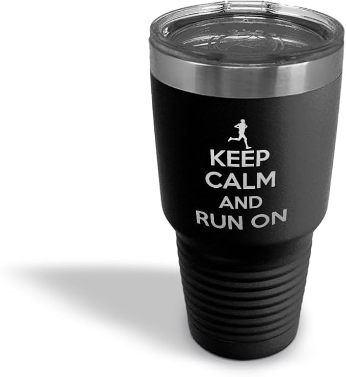 Stainless-Steel Engraved Travel Mug Tumbler 30 Oz Keep Calm and Run on Thermal Coffee Cup Black