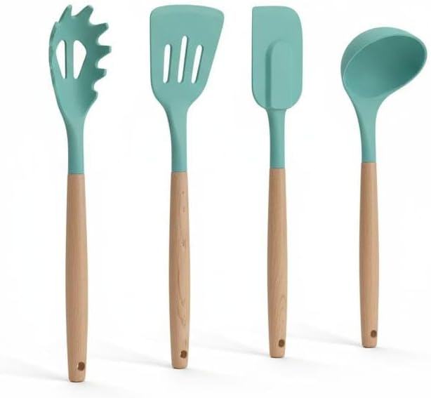 Silicone Cooking Spoons, 4-Piece Nonstick Utensil Set with Acacia Wood Handles - Heat-Resistant for Frying, Serving & Turning Spatula