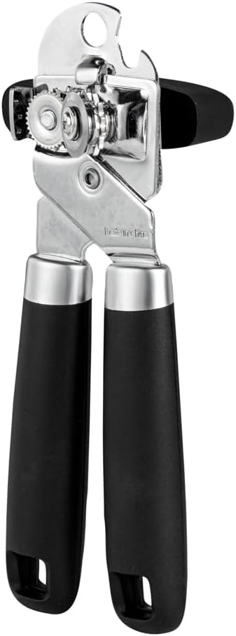 Restaurantware Comfy Grip 7.6 x 1.9 x 2.1 Inch Can Opener 1 Durable Manual Can Opener - Sharp Wheel Blade Grip Handle Black Stainless Steel Hand-Held Can Opener Built-In Bottle Opener