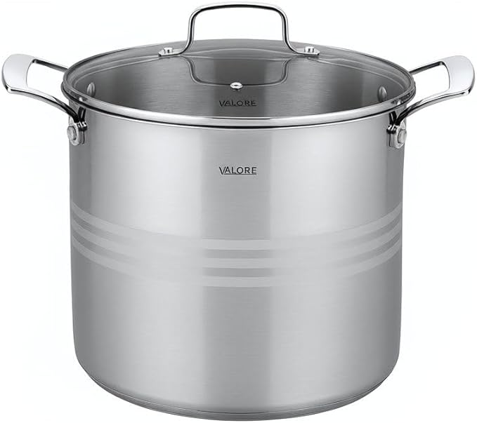 Valore 16 qt Stainless Steel Stock Pot with Lid & Canning Rack - 5-ply Soup Pot with Brushed Stainless Finish & Riveted Handles