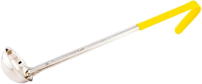 Restaurantware Met Lux 1 Ounce Soup Ladle 1 Hook Handle Serving Spoon - With Yellow Handle Dishwashable Stainless Steel Cooking Ladle For Pouring And Cooking Perfect for Soup Chilli Or Batter