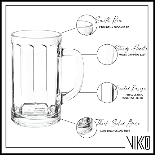 Vikko Beer Mug, Set of 4 Glass Beer Mugs, 13.5 Ounce, Dishwasher Safe Durable Drinking Glass for Craft Brews, Beer or Water