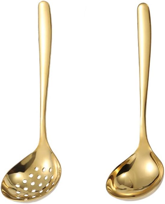 Gold Soup Ladle Colander Slotted Spoon Set Stainless Steel Skimmer Strainer Gravy Hot Pot Server