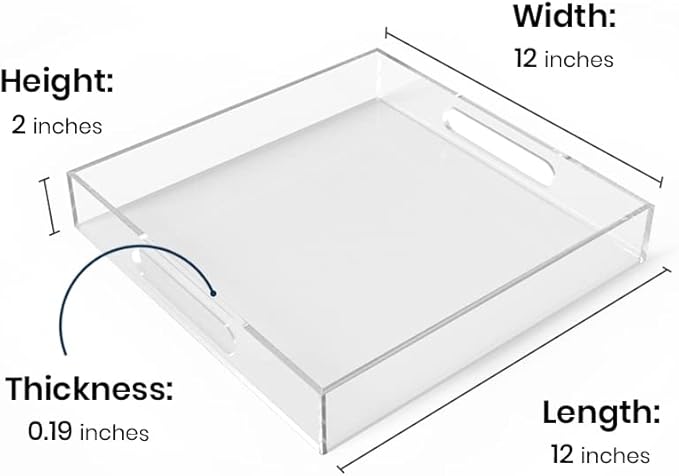 Acrylic Serving Tray (12x12x2Inch) with Handles -Spill Proof- Clear Decorative Tray for Appetizer,Breakfast -Countertop Organizer Storage Tray for Kitchen,Bathroom,Living Room