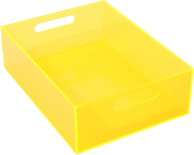 Large Storage Bin Acrylic Pantry Storage Container with Handles Kitchen Organizer Bin for Cabinet Cupboard Organization, Heavy Duty, 15.4 x 11.4 x 5.5'', Neon Yellow