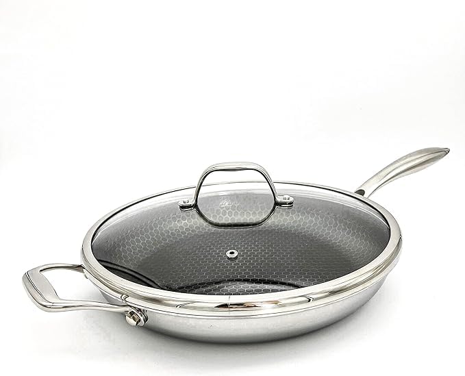 Cooksy 12 Inch Honeycomb Ceramic Surface Hybrid Stainless Steel Frying Pan with Lid New Version