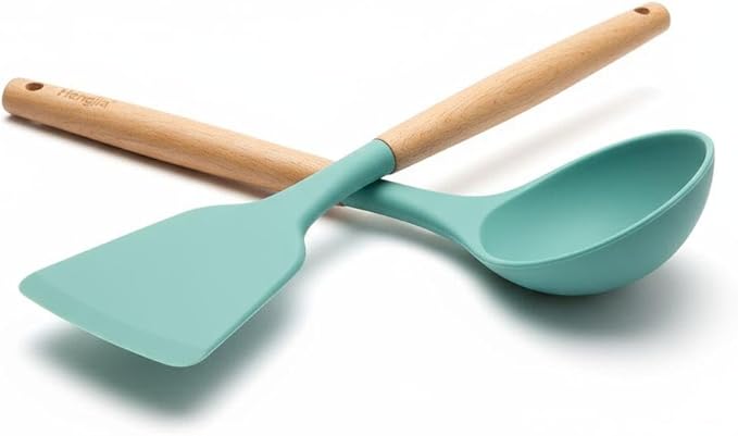 Silicone Cooking Spoons, 2-Piece Nonstick Utensil Set with Acacia Wood Handles - Heat-Resistant for Frying, Serving & Turning Spatula