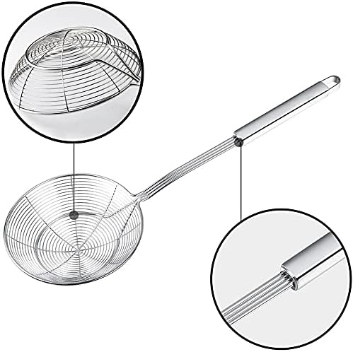 YFWOOD 7 Inch Spider Strainer Skimmer, Reinforced Double Coil Wire Skimmer with Large Handle Solid Stainless Steel Strainer Ladle,for Kitchen Deep Frying Food Spaghetti Noodle (1 - Piece)