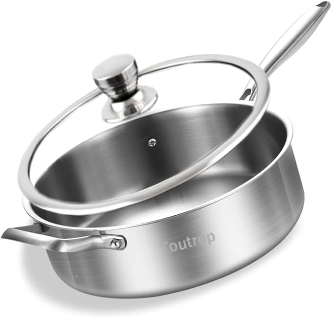 Tri-Ply Stainless Steel 8 Quarts Sauté Pan with Lid,13 Inch Induction Deep Frying Pan,Large Skillet, Dishwasher And Oven Safe,Detachable Handle
